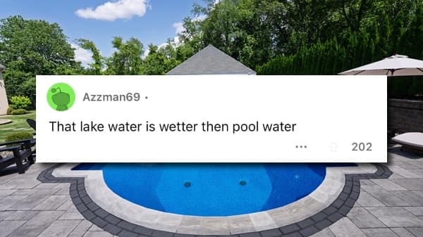 A funny and relatable Reddit comment from a user who got into a hilariously dumb argument with someone about whether lake water is "wetter" than pool water.