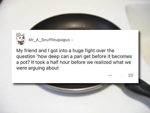 A user on Reddit tells a funny story about getting into a 30-minute-long argument with a friend over the exact philosophical definition of a pot versus a pan.