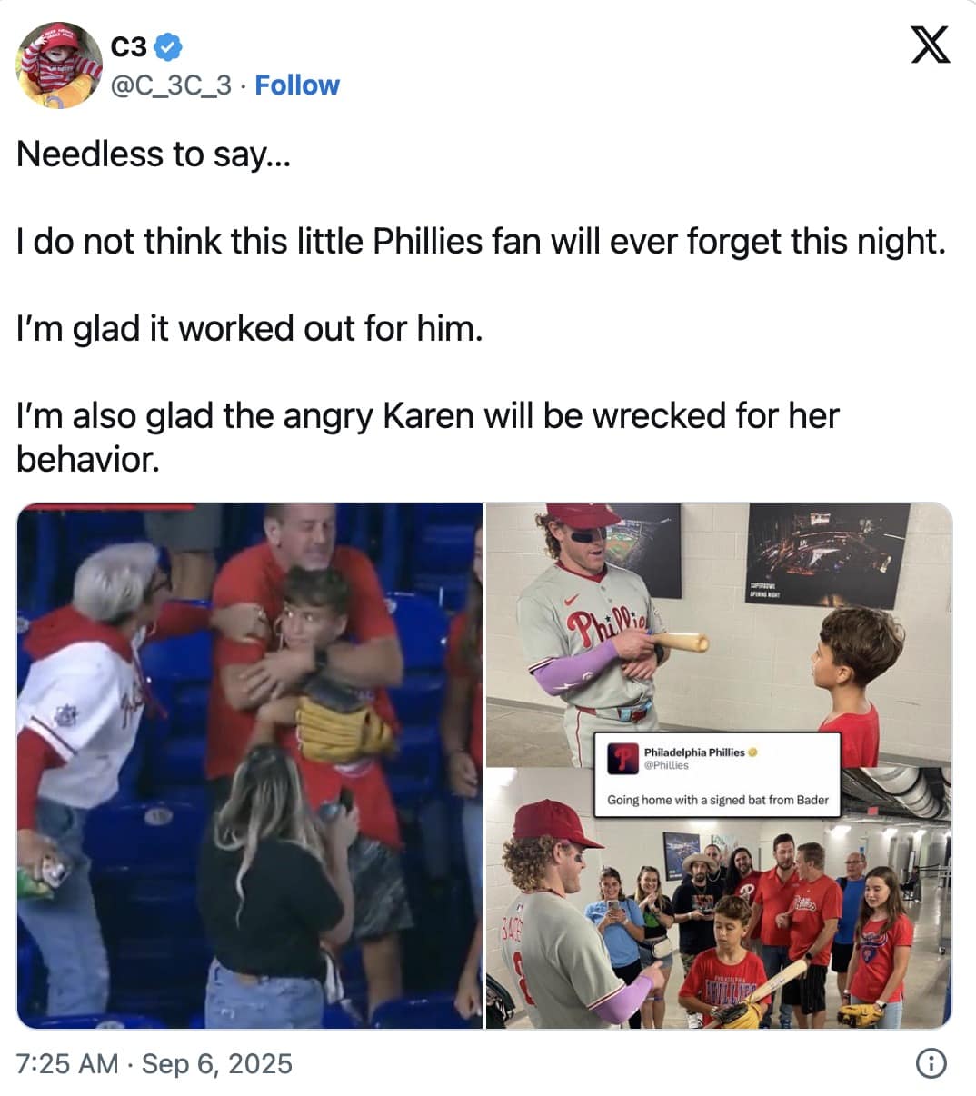 Tweet with two images—left shows a gray-haired woman confronting a boy holding a glove in the stands; right shows a Phillies player giving the boy a signed bat.