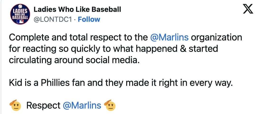 Tweet applauding the Marlins organization for responding quickly and making it right for the Phillies kid.
