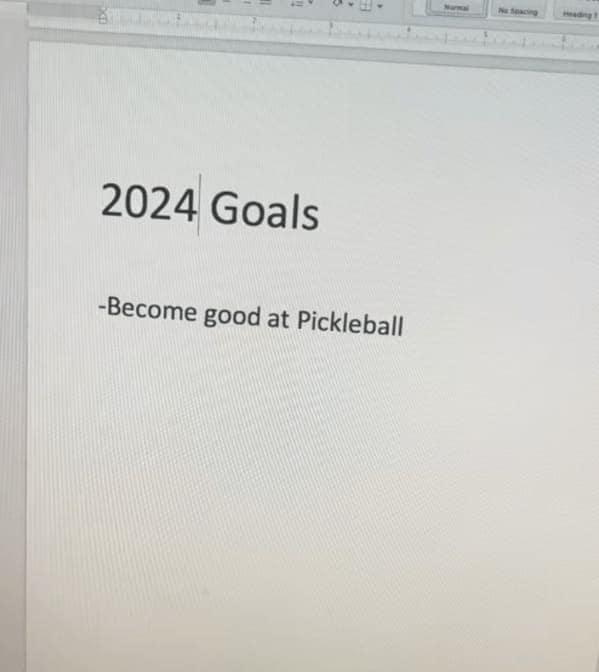 A funny and relatable photo of a Microsoft Word document titled "2024 Goals," where the only goal listed is to "Become good at Pickleball."