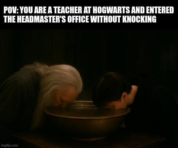 A hilarious POV meme showing what a teacher would see if they walked in on Dumbledore and Harry using the Pensieve.