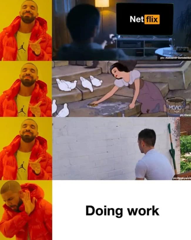 The Drake meme format showing how we approve of any activity except for the actual work we're supposed to be doing.
