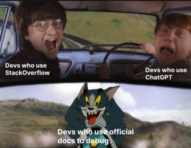 A programmer meme comparing developers who use StackOverflow, ChatGPT, and official documentation to debug.