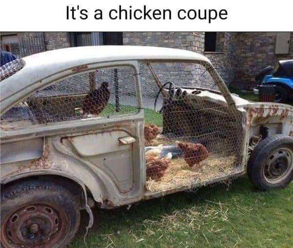 A pun meme showing an old car filled with chickens, with the caption "It's a chicken coupe."