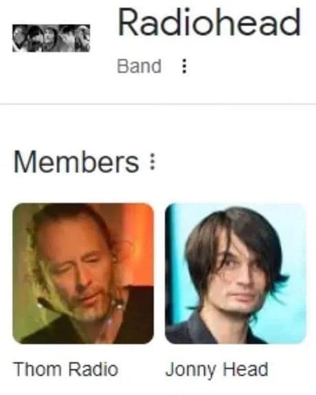Search result lists band members as “Thom Radio” and “Jonny Head” due to name split.