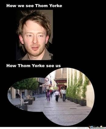 Radiohead meme comparing how fans see the singer vs how the singer “sees” them, using a tunnel-vision street view.