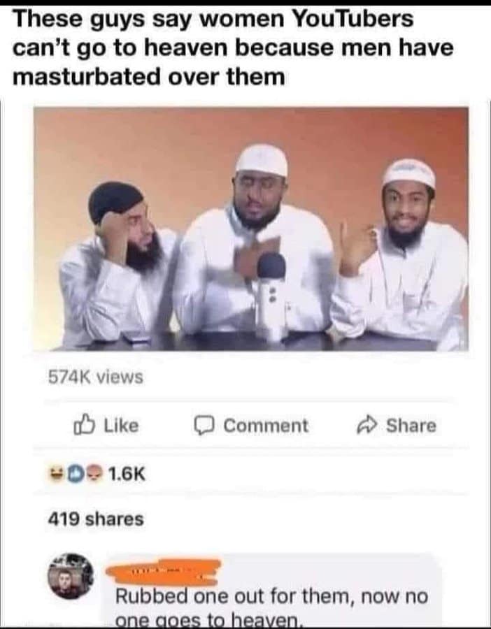 Screenshot of a podcast panel with three men in white clothing; caption claims they said women YouTubers can’t go to heaven; comment below jokes “now no one goes.”