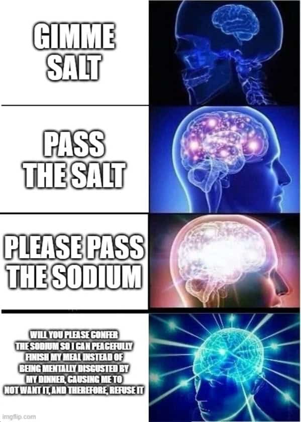 A salt meme using the "expanding brain" format to show increasingly elaborate ways to ask for salt.