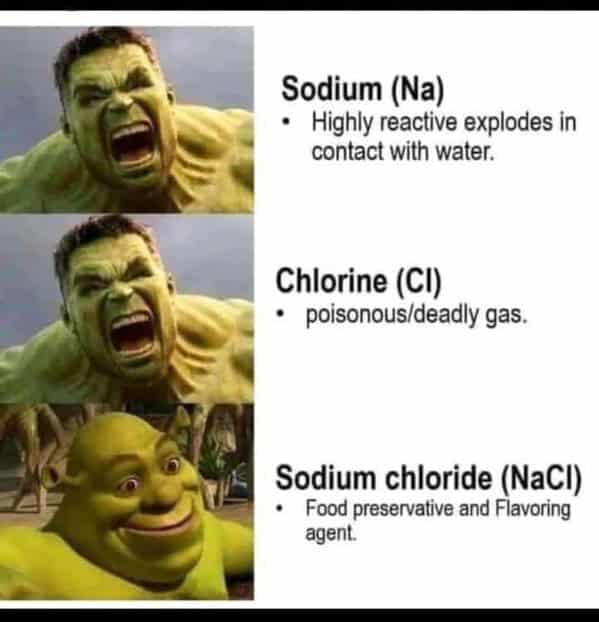 A funny salt meme using the Hulk and Shrek to explain the chemistry of sodium, chlorine, and sodium chloride.