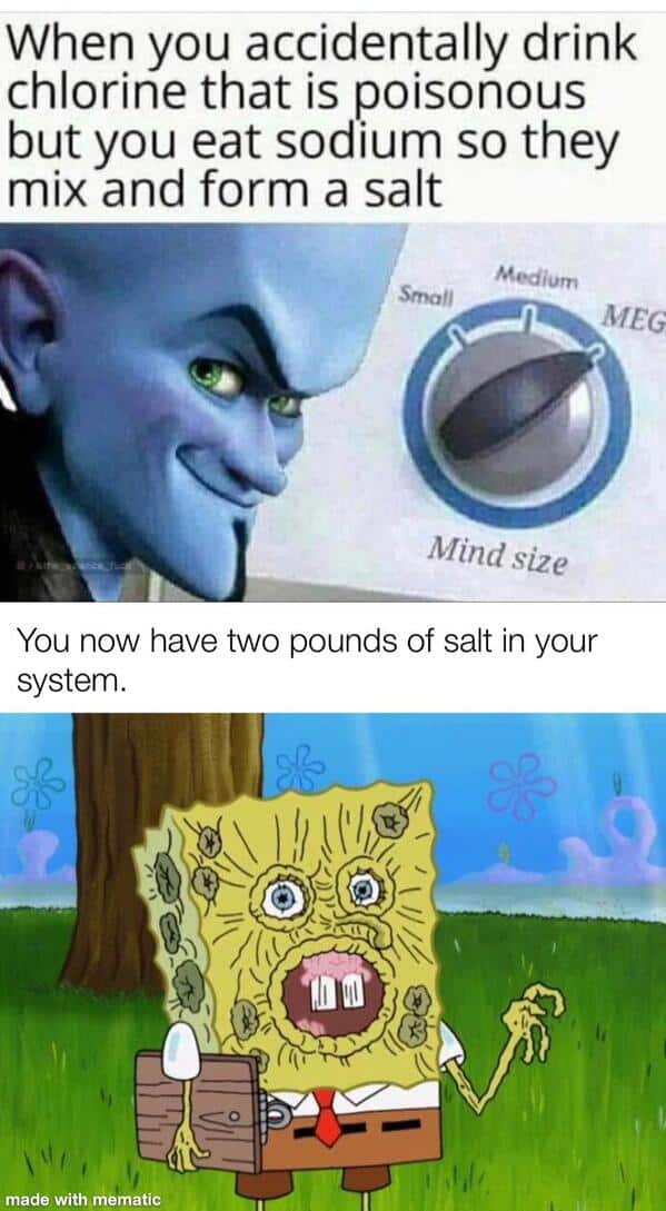 A funny salt meme using Megamind and SpongeBob to show the terrible results of a bad chemistry idea.