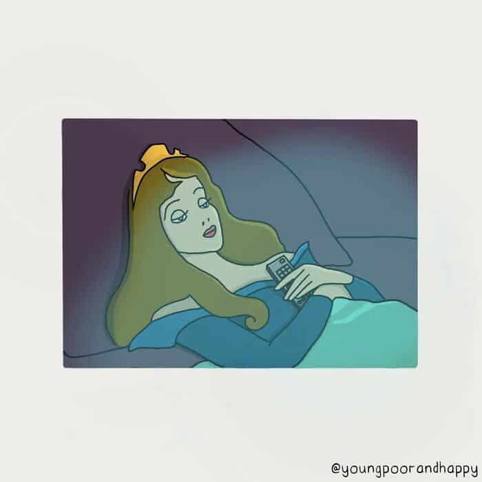 A single panel comic of the Disney princess Sleeping Beauty in bed, holding a TV remote control.