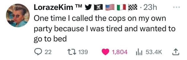 A sleep meme tweet about calling the cops on your own party because you wanted to go to bed.