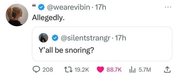 A funny sleep meme tweet where someone denies that they snore with the word "Allegedly."