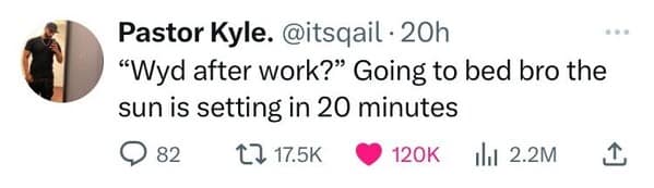 A sleep meme tweet about going to bed immediately after work because the sun is setting.