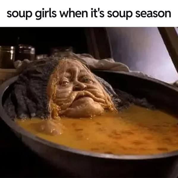 A funny soup meme of a witch in a cauldron representing "soup girls" when soup season starts.