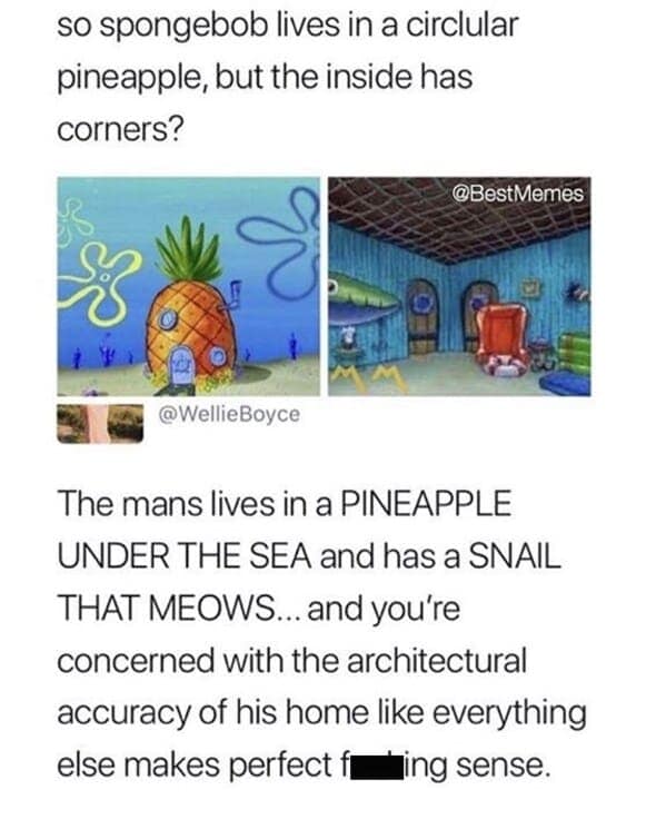 A funny SpongeBob meme pointing out the logical flaws of the show, like the inside of his pineapple having corners.