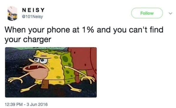 A SpongeBob meme with Caveman SpongeBob showing the frantic panic of having 1% battery and no phone charger.