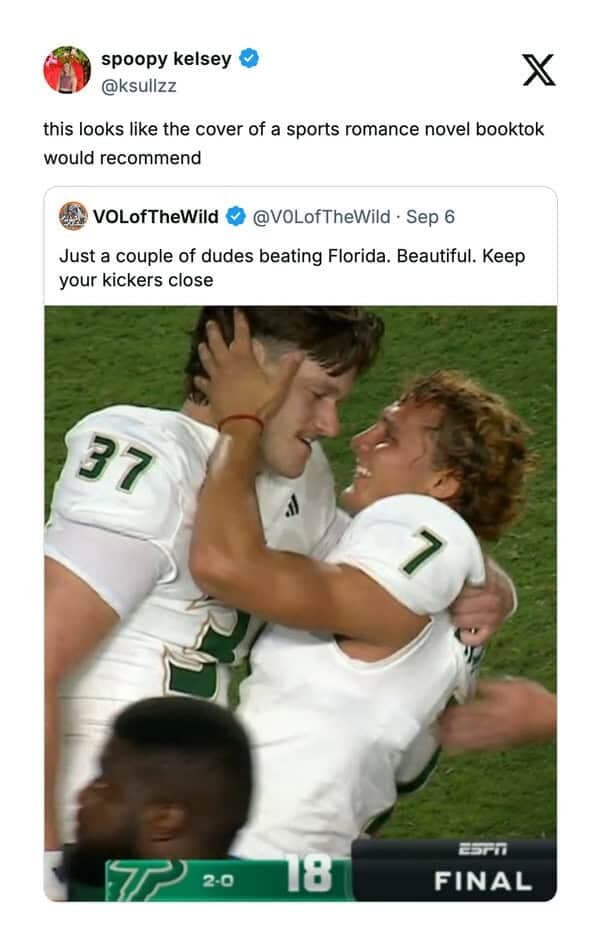 A sports meme tweet comparing a photo of two football players hugging to a romance novel cover.
