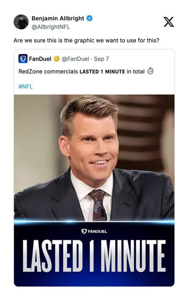 A sports meme showing a FanDuel ad with an unfortunate double meaning in its "LASTED 1 MINUTE" text.