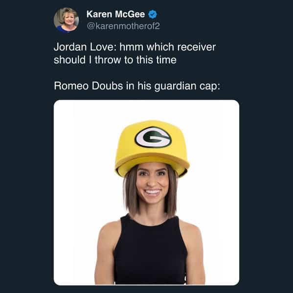 A sports meme joking about Romeo Doubs getting open for Jordan Love using a goofy-looking guardian cap.