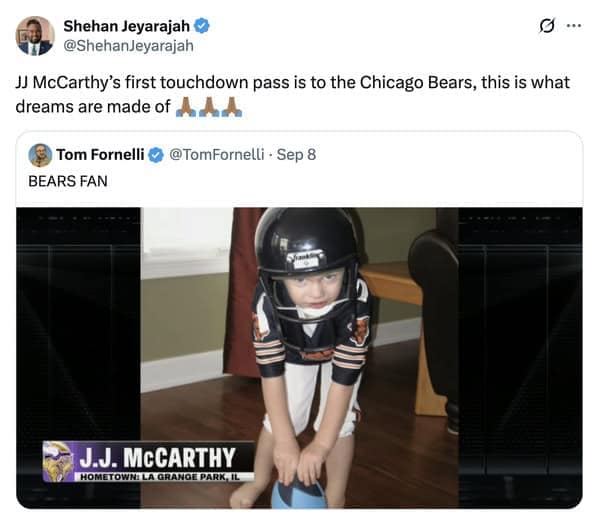 A sports meme tweet celebrating Vikings QB JJ McCarthy throwing his first TD to his childhood team, the Bears.