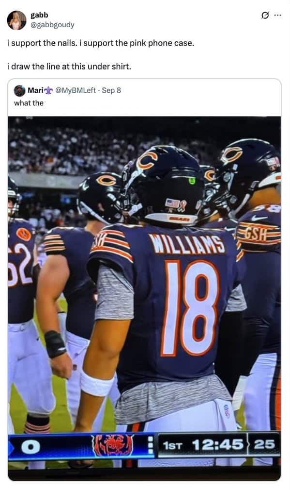 A sports meme tweet drawing the line at the undershirt worn by Bears quarterback Caleb Williams.