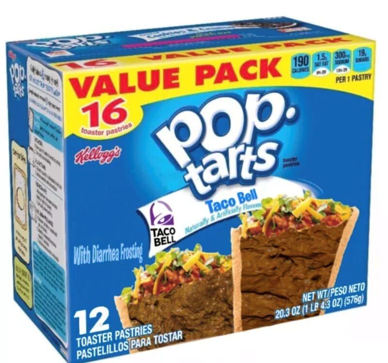 A cursed and disgusting photoshopped image of a box of Taco Bell-flavored Pop-Tarts that have a brown, disgusting "Diarrhea Frosting" filling.