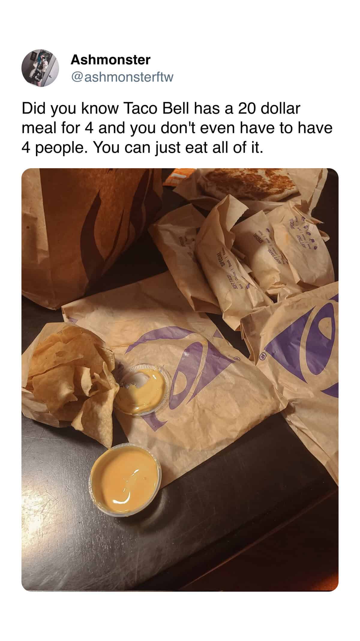 A photo of a very large Taco Bell order on a table, with a funny tweet joking that the official "meal for 4" can easily be eaten by just one person.
