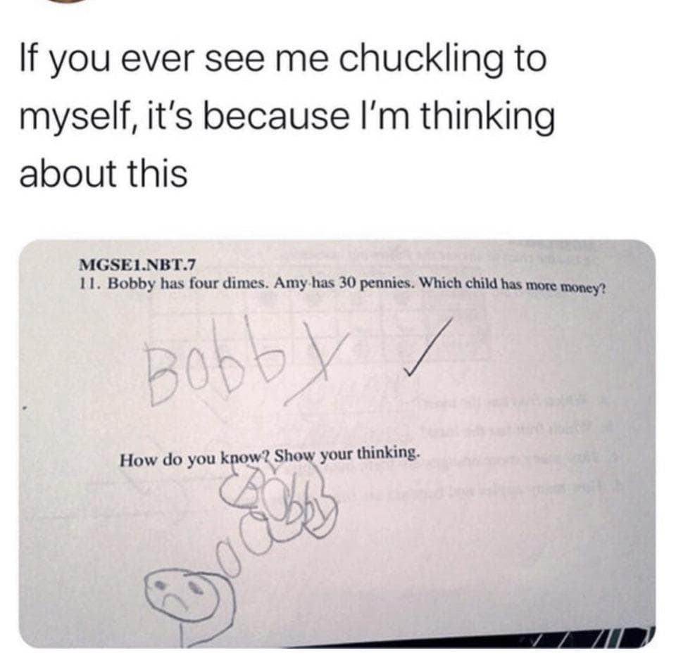 A technically correct meme of a kid literally "showing their thinking" with a drawing on a math test.