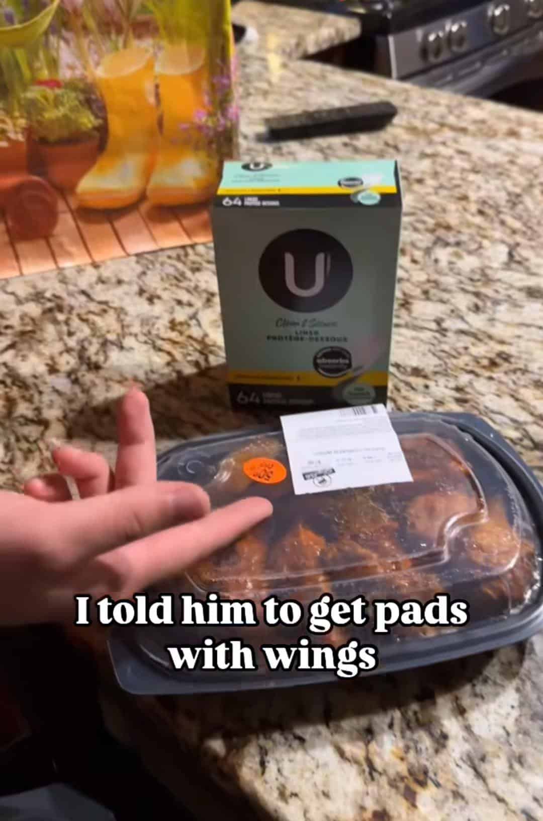 A technically correct meme of a husband who bought chicken wings instead of sanitary pads with wings.