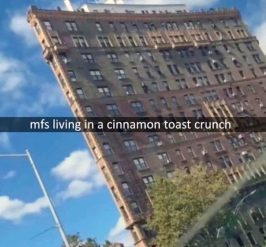 A funny photo of a building with a grid-like pattern on its facade that makes it look exactly like a Cinnamon Toast Crunch cereal square.