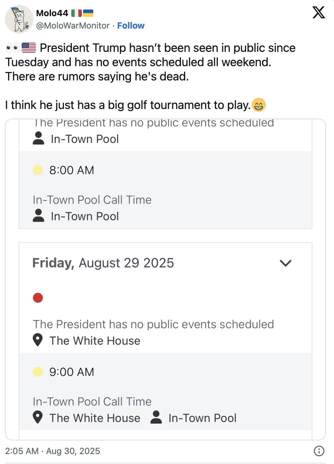 Tweet with screenshots of a presidential schedule showing “no public events” over several days.