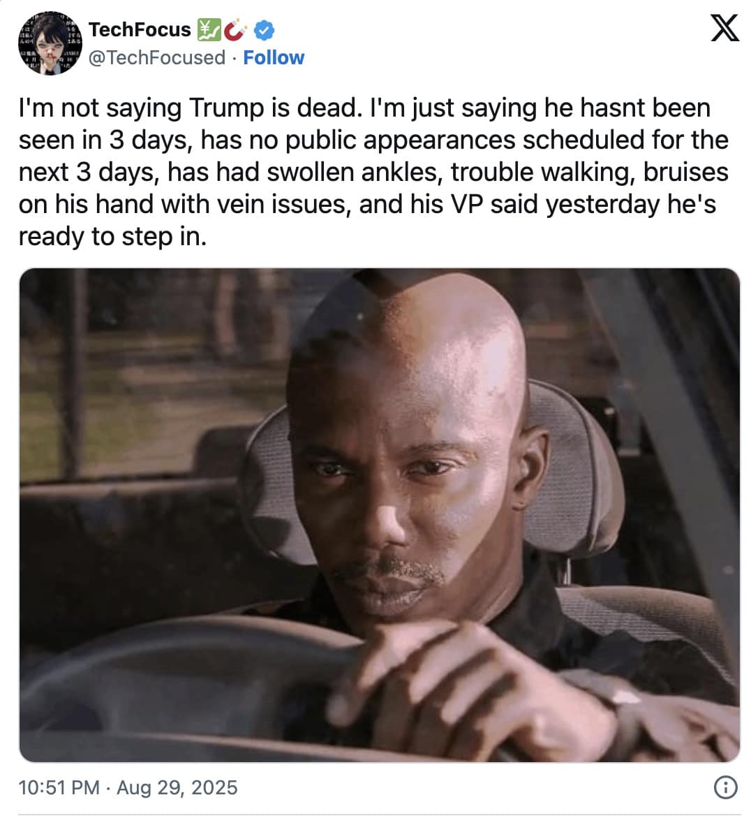 Tweet listing health worries beside a stern driver close-up from a movie scene.