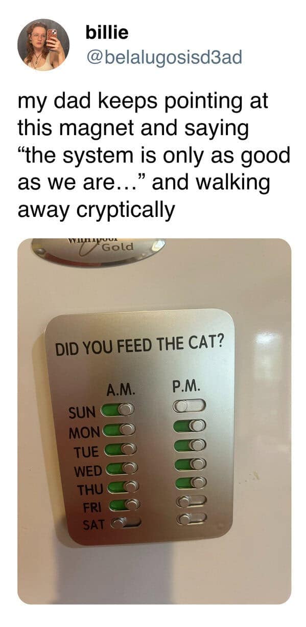 A funny and wholesome tweet from a daughter whose dad keeps cryptically pointing at a "Did You Feed The Cat?" chore magnet and making profound philosophical statements.