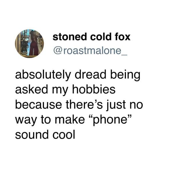 A funny and very relatable tweet from a user who is talking about the specific dread of being asked about your hobbies because your only real hobby is looking at your phone.