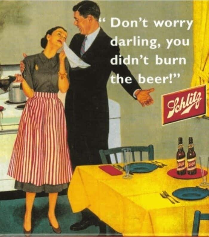 A classic and famously sexist 1950s Schlitz beer advertisement where a husband's only concern is that his wife didn't burn the beer.