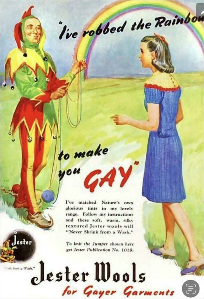 A colorful and funny vintage advertisement for Jester Wools that uses the word "gay" in its old-fashioned sense, meaning happy, cheerful, and bright.
