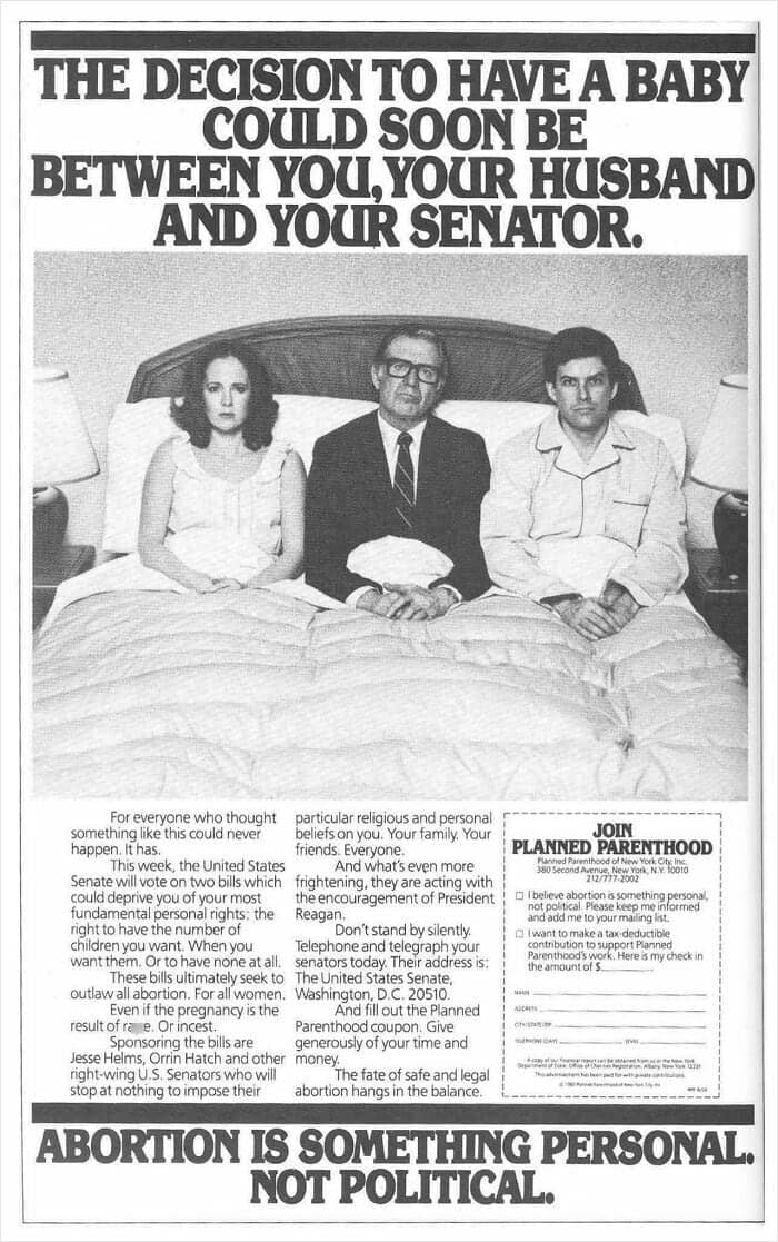 A powerful and striking Planned Parenthood advertisement from the Reagan era that warns against government interference in the right to choose.