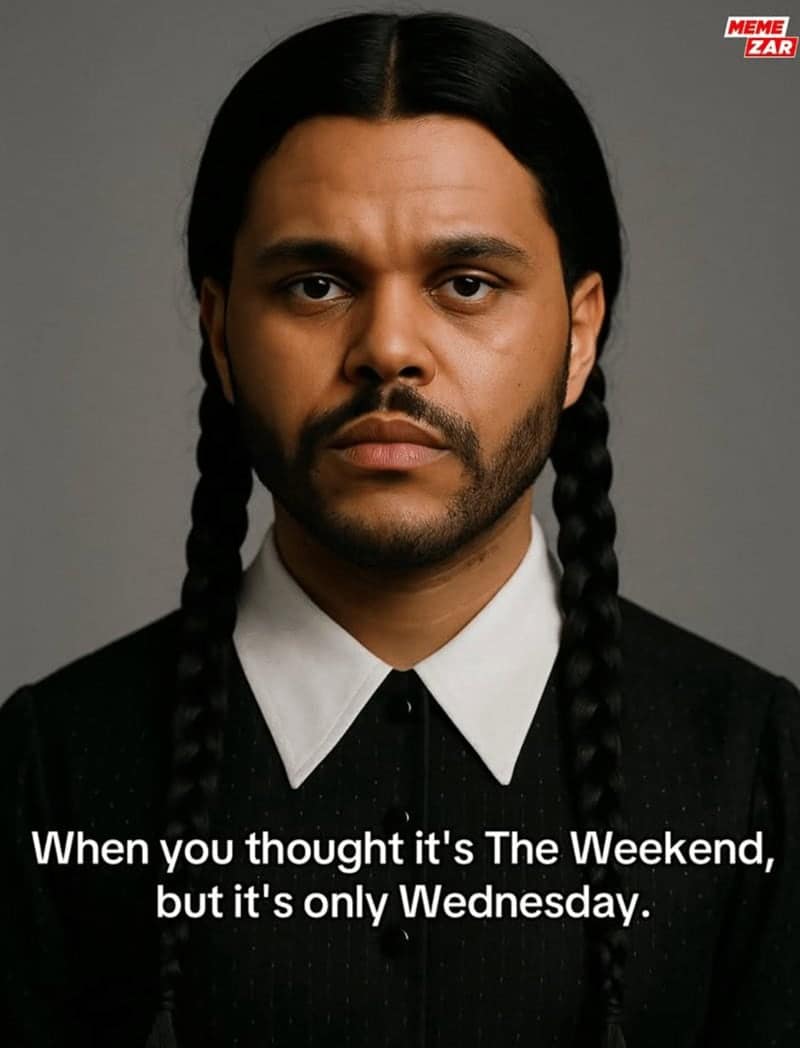 A hilarious photoshopped meme of the Toronto-born musician The Weeknd, who has been dressed up as Wednesday Addams for a visual pun.