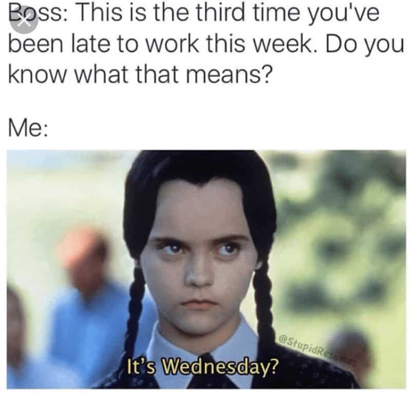 A funny and relatable meme where a person is told to embrace their "inner child," and their inner child is the gloomy and morose Wednesday Addams.