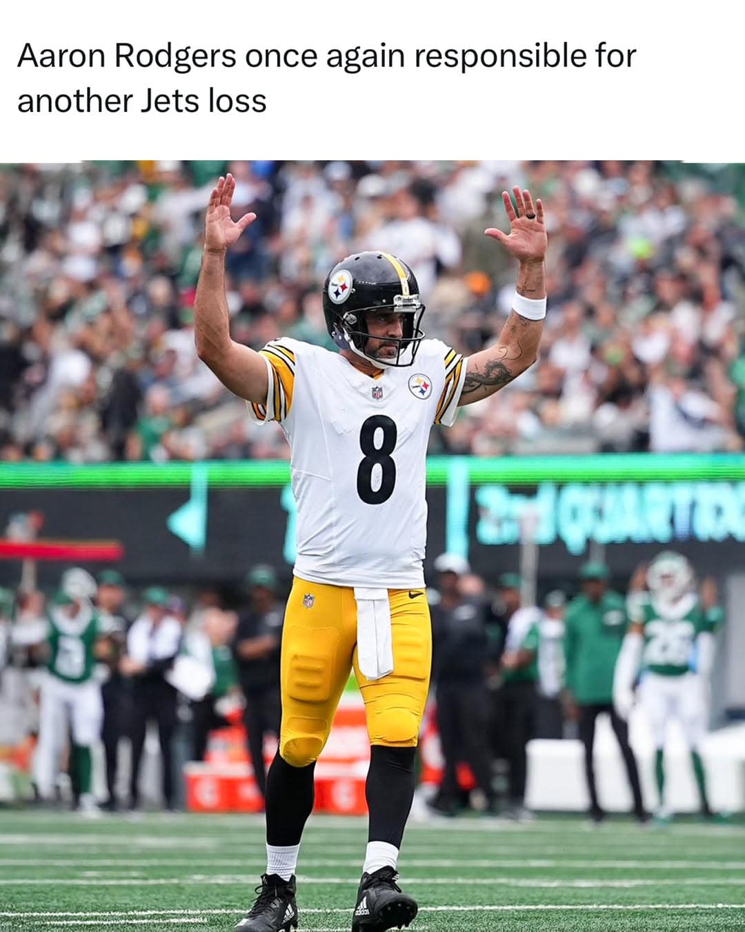 A Week 1 NFL meme blaming former rival Aaron Rodgers for another New York Jets loss.