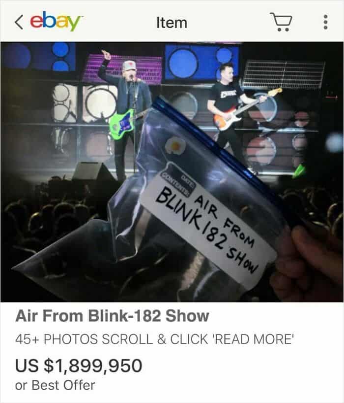A weird photo with no context of an eBay listing selling air from a Blink-182 show.