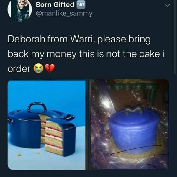 A hilarious cake fail showing a professionally made pot-shaped cake versus the lumpy amateur version that was delivered.