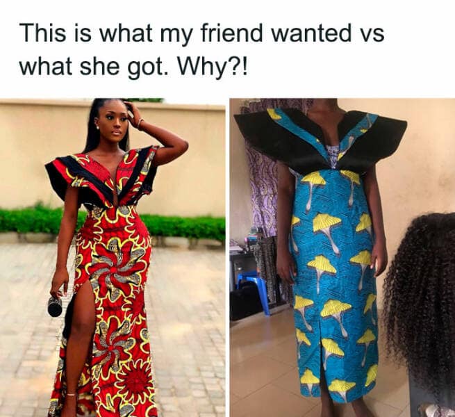 An expectation vs. reality shopping fail of a beautiful print dress and its bizarre mushroom-print imitation.