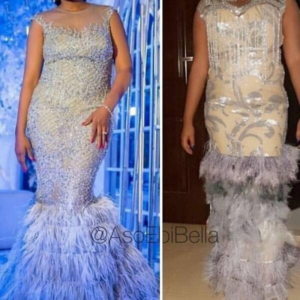A "what I ordered vs what I got" formal gown fail, showing a glamorous sequined dress and its cheap, sad-looking copy.