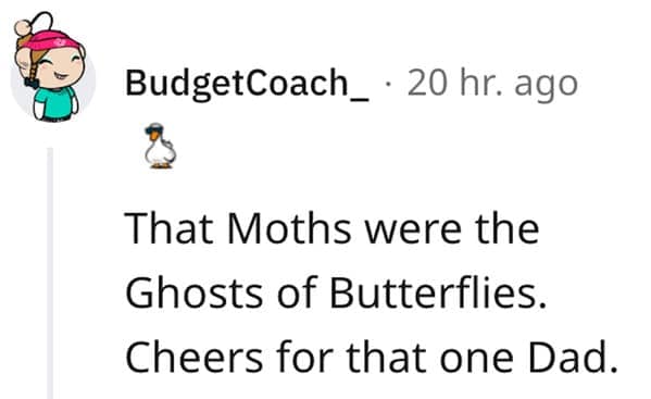 A funny white lie a parent told their child that moths are actually the spooky ghosts of butterflies.