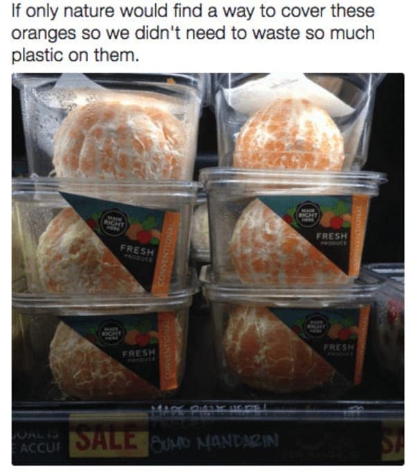 A viral photo of pre-peeled oranges that are being sold in individual plastic containers, with a sarcastic caption about the incredibly wasteful packaging.