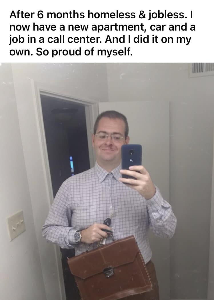 A wholesome meme of a man proudly taking a selfie after getting a job, car, and apartment.