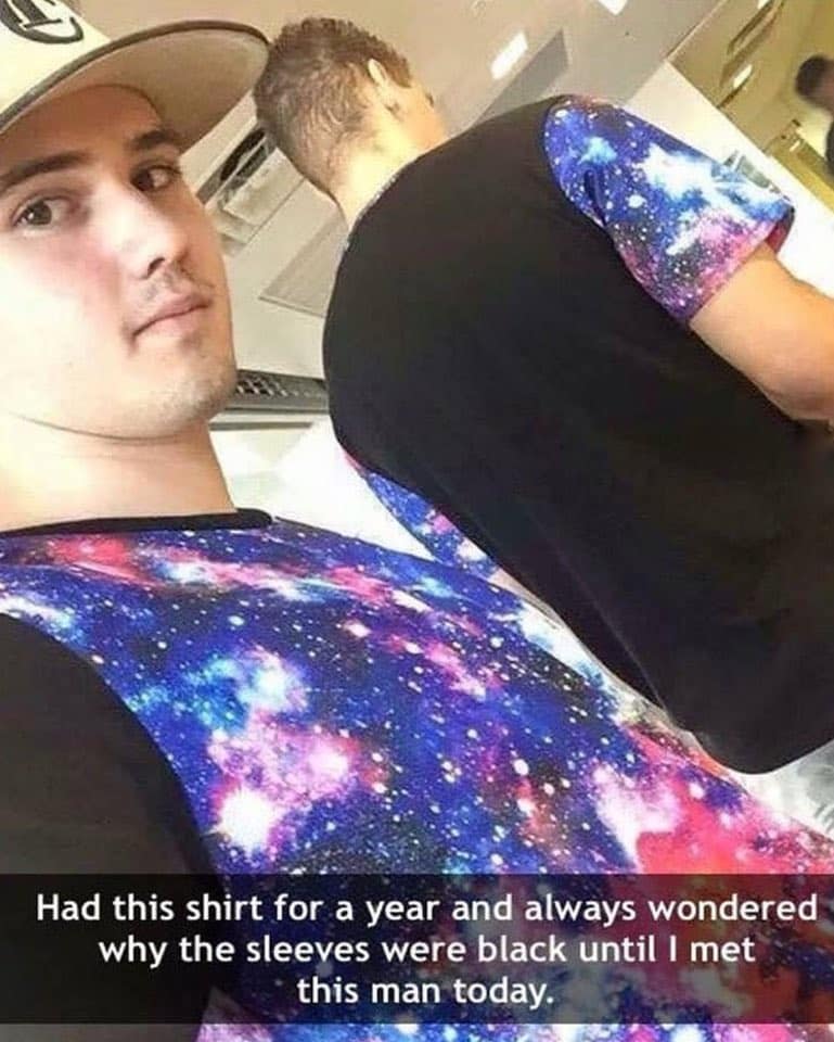 A wholesome meme of a man discovering his "shirt twin" wearing the exact same obscure galaxy shirt.